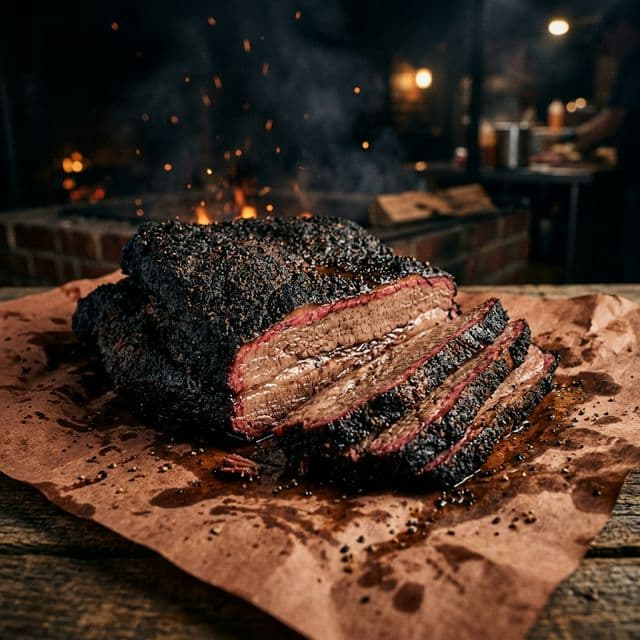 Award winning slow smoked Texas Prime Brisket with rich bark crust